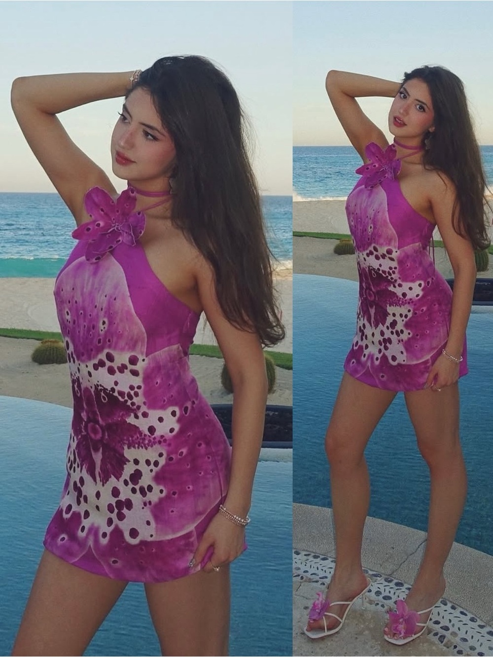 AMUR Everlee Orchid Print Linen Blend Halter Mini Dress Pink - Picture 2 of 16